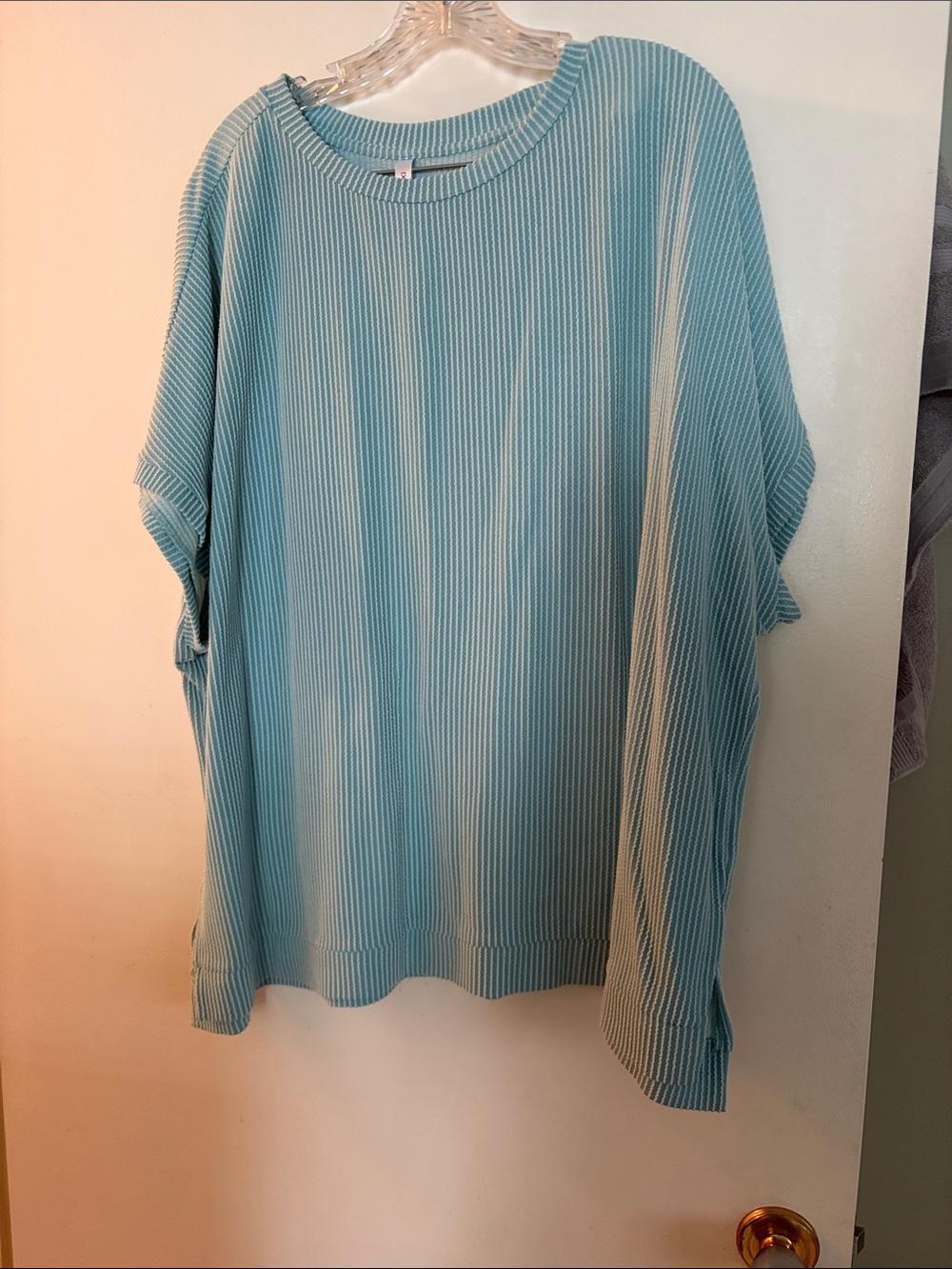 Women's Light Blue Ribbed Short Sleeve Pullover Top